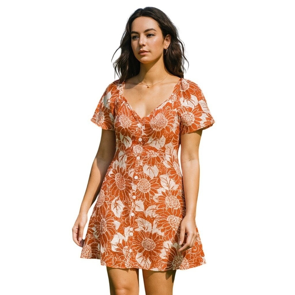 Madewell Sunflower Print Mini Dress Women 6 Orange Square Neck Button Front Boho